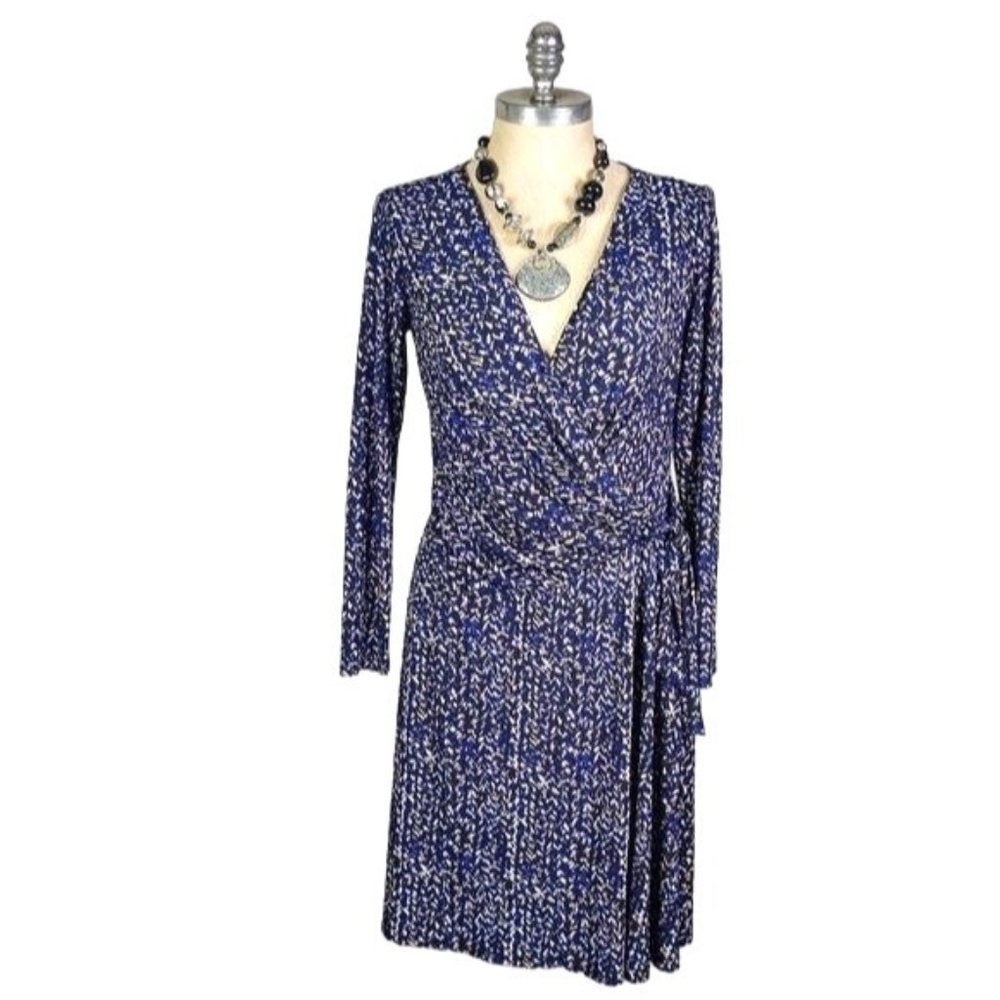 Chaps Large Wrap Style Blue Tan White Dress WorkWear Classic Style